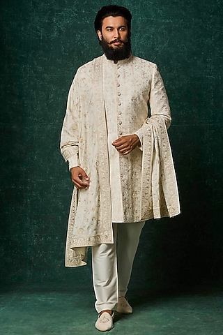 Pearl-Colored Silk Kashmiri Jaal Embroidered Sherwani Set by Vanshik