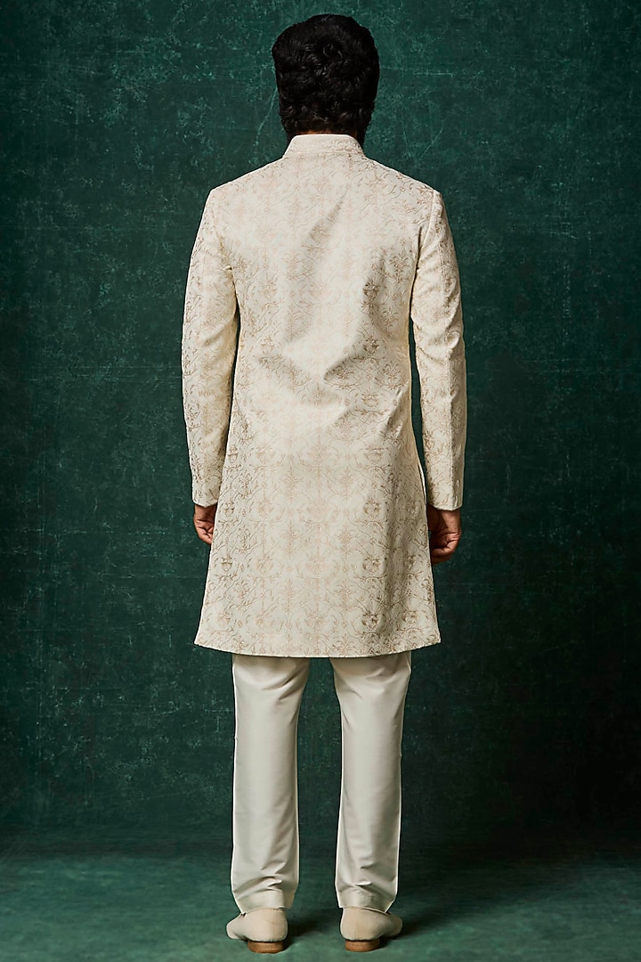 Pearl-Colored Silk Kashmiri Jaal Embroidered Groom Sherwani Set by Vanshik at Pernia's Pop Up Shop