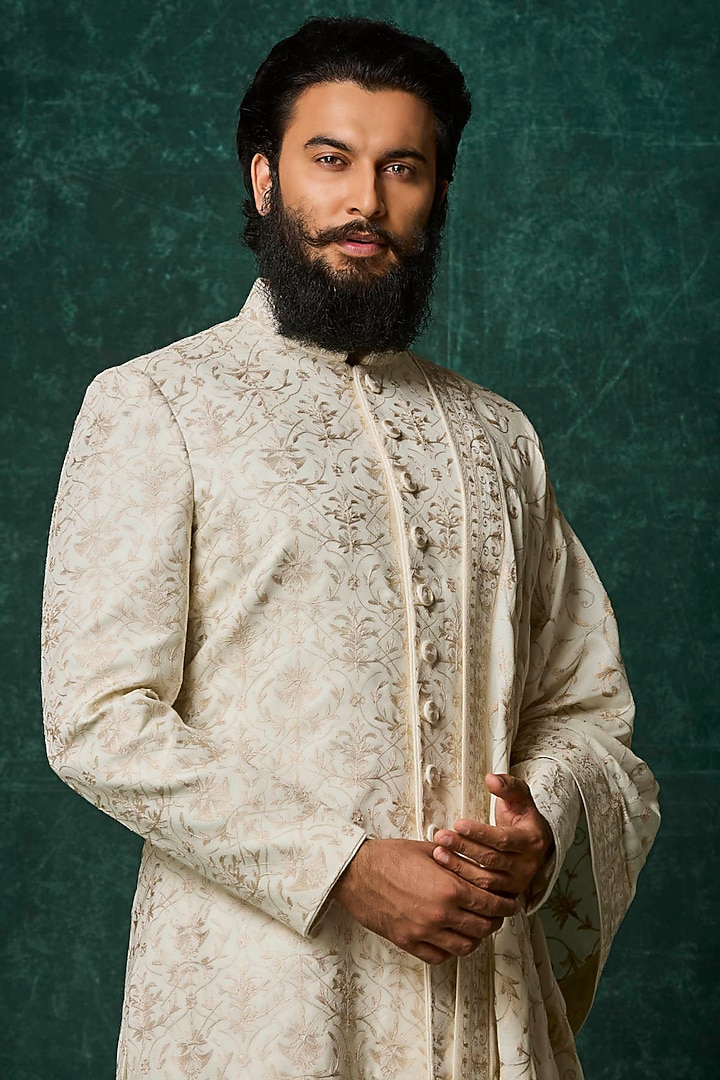 Pearl-Colored Silk Kashmiri Jaal Embroidered Groom Sherwani Set by Vanshik at Pernia's Pop Up Shop