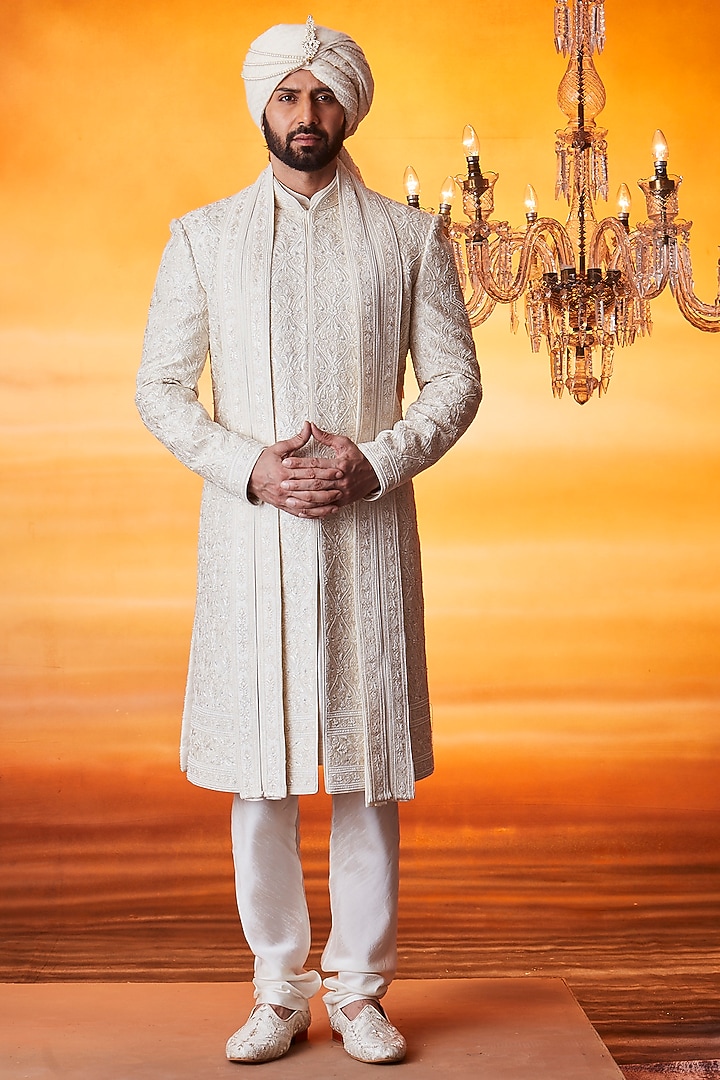 Ivory Raw Silk Pearl Embellished Groom Sherwani Set by Vanshik at Pernia's Pop Up Shop