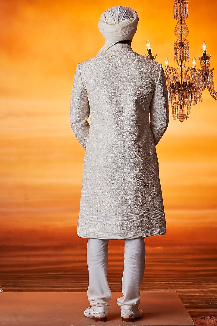 Ivory Raw Silk Pearl Embellished Groom Sherwani Set by Vanshik at Pernia's Pop Up Shop
