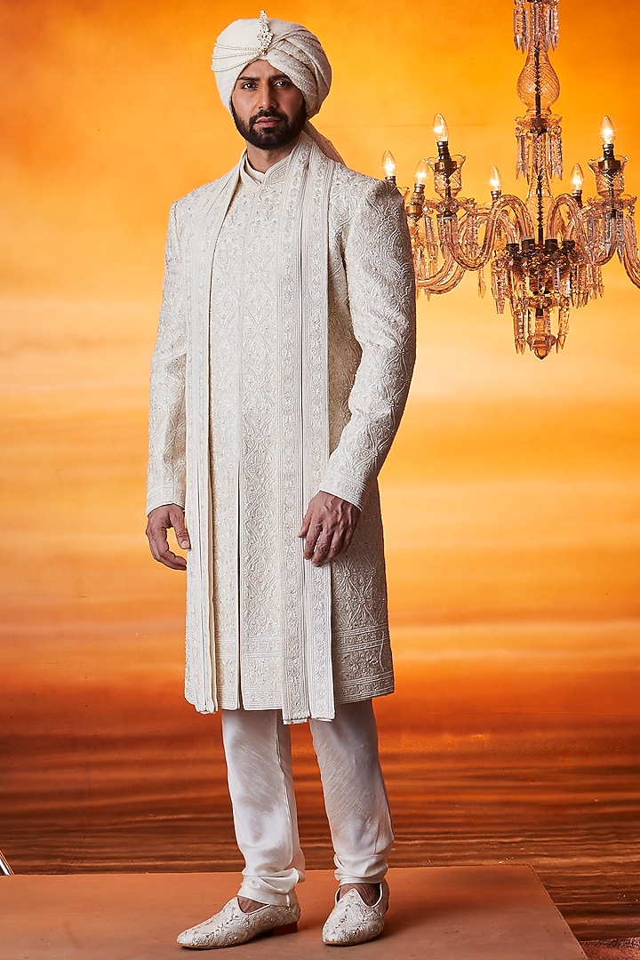 Ivory Raw Silk Pearl Embellished Groom Sherwani Set by Vanshik at Pernia's Pop Up Shop
