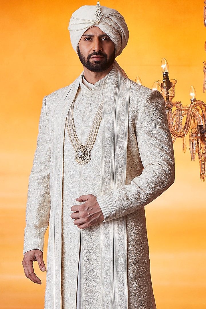 Ivory Raw Silk Pearl Embellished Groom Sherwani Set by Vanshik at Pernia's Pop Up Shop