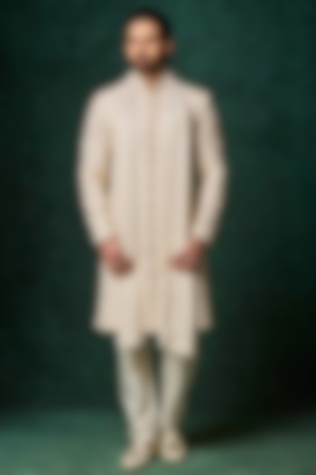 Pearl-Colored Silk Hand Embroidered Groom Sherwani Set by Vanshik at Pernia's Pop Up Shop