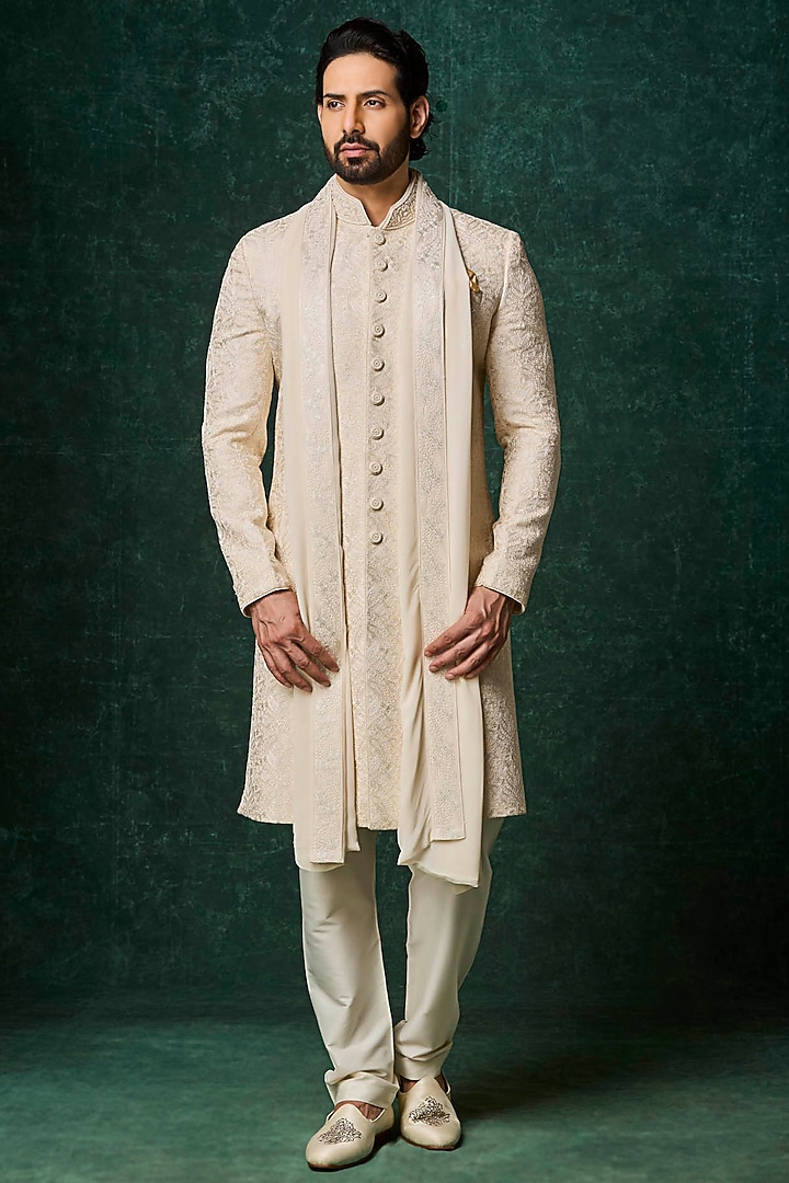 Pearl-Colored Silk Hand Embroidered Groom Sherwani Set by Vanshik at Pernia's Pop Up Shop