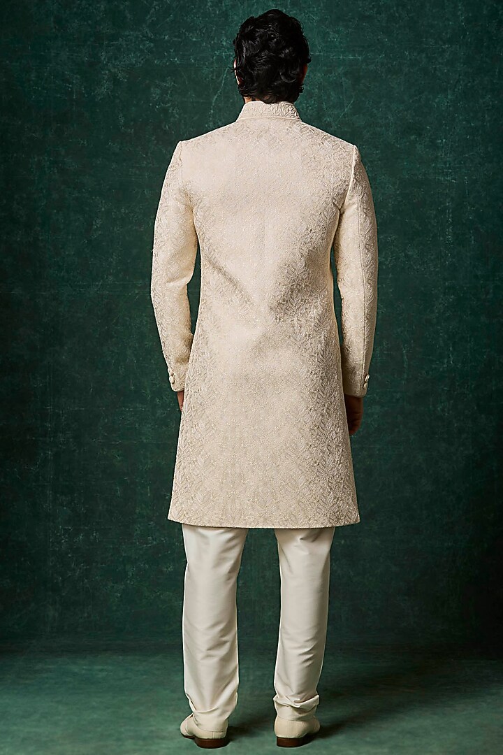 Pearl-Colored Silk Hand Embroidered Groom Sherwani Set by Vanshik at Pernia's Pop Up Shop