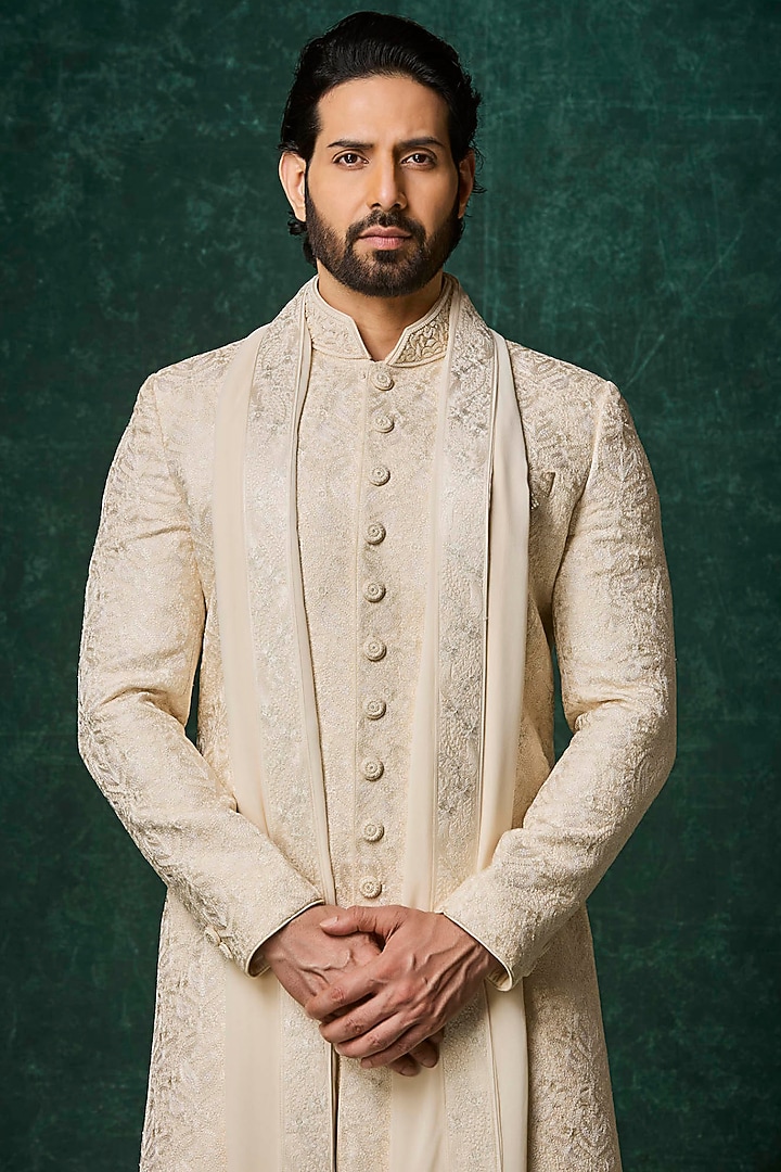 Pearl-Colored Silk Hand Embroidered Groom Sherwani Set by Vanshik at Pernia's Pop Up Shop