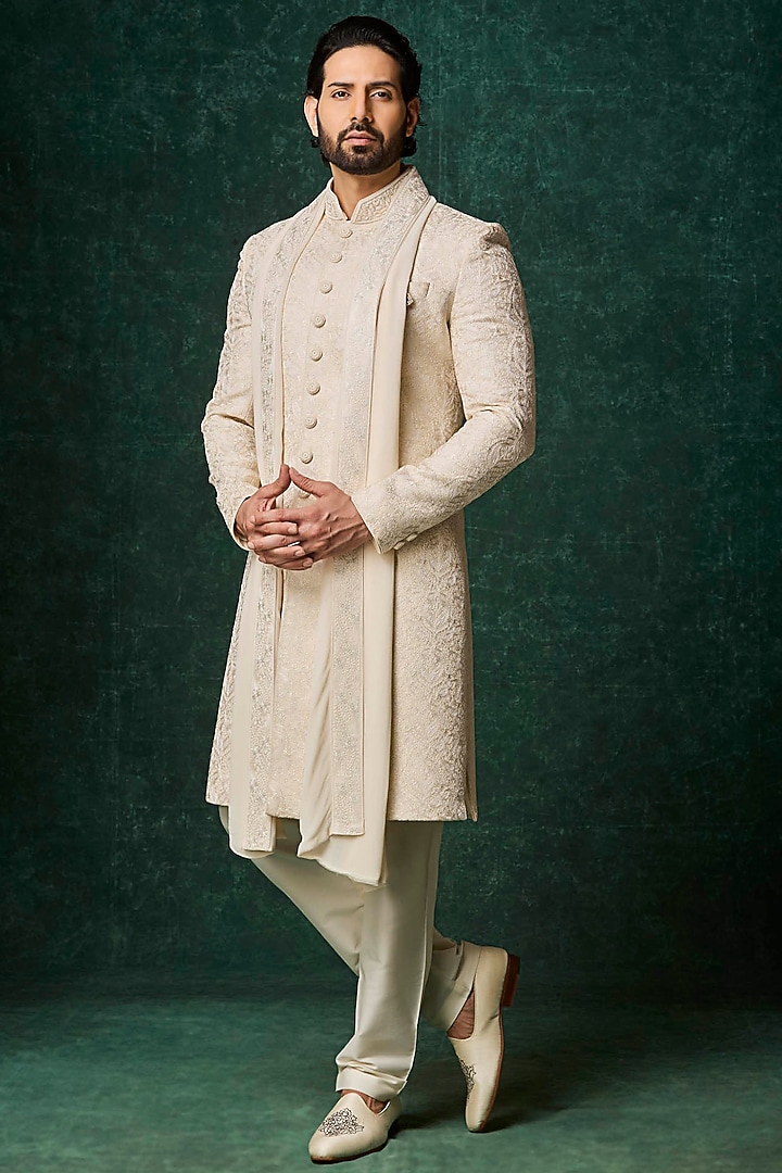 Pearl-Colored Silk Hand Embroidered Groom Sherwani Set by Vanshik at Pernia's Pop Up Shop