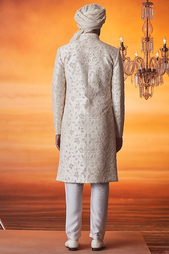 Pearl White Raw Silk Bead Embroidered Groom Sherwani Set by Vanshik at Pernia's Pop Up Shop