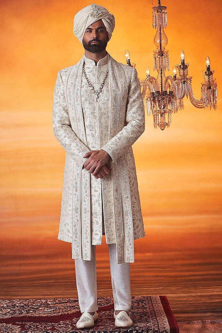 Pearl White Raw Silk Bead Embroidered Groom Sherwani Set by Vanshik at Pernia's Pop Up Shop