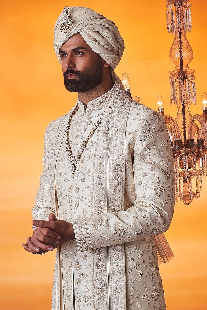 Pearl White Raw Silk Bead Embroidered Groom Sherwani Set by Vanshik at Pernia's Pop Up Shop