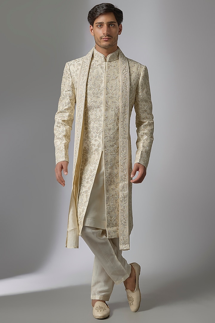 Pearl-Colored Raw Silk Sherwani Set by Vanshik at Pernia's Pop Up Shop