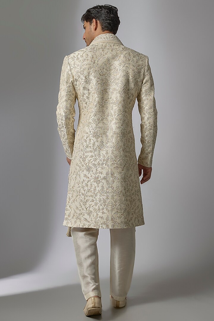 Pearl-Colored Raw Silk Sherwani Set by Vanshik at Pernia's Pop Up Shop
