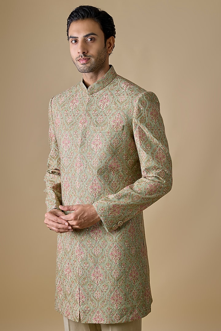 Mint Silk Groom Sherwani Set by Vanshik at Pernia's Pop Up Shop