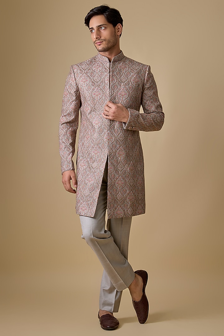 Grey Silk Sherwani Set by Vanshik