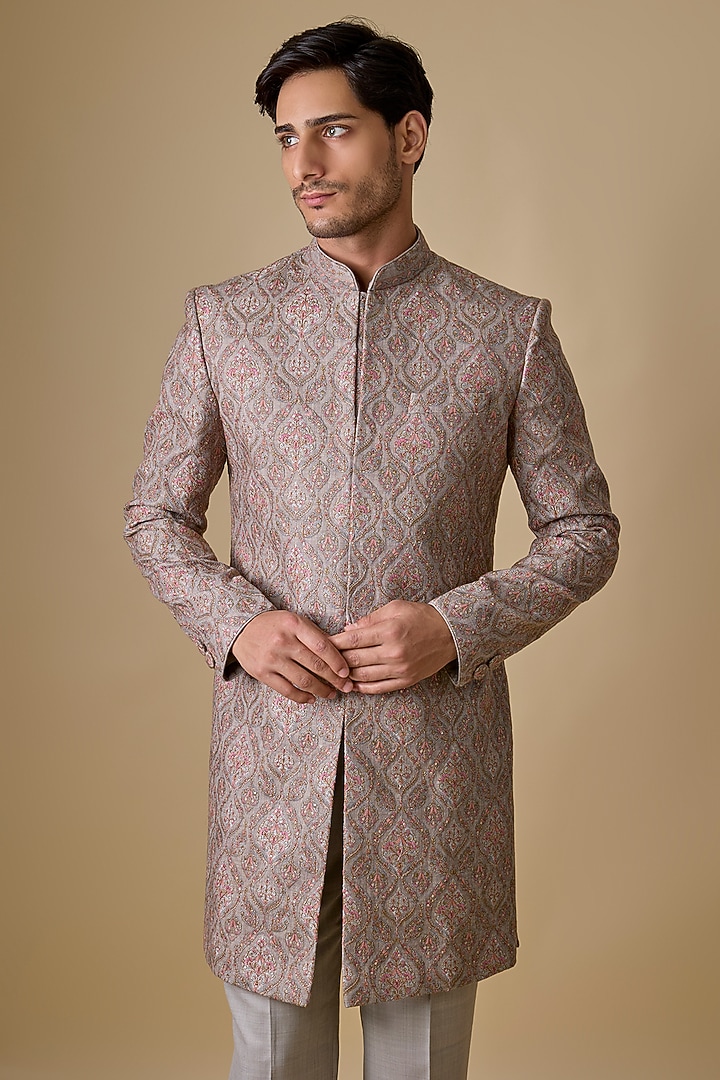 Grey Silk Groom Sherwani Set by Vanshik at Pernia's Pop Up Shop