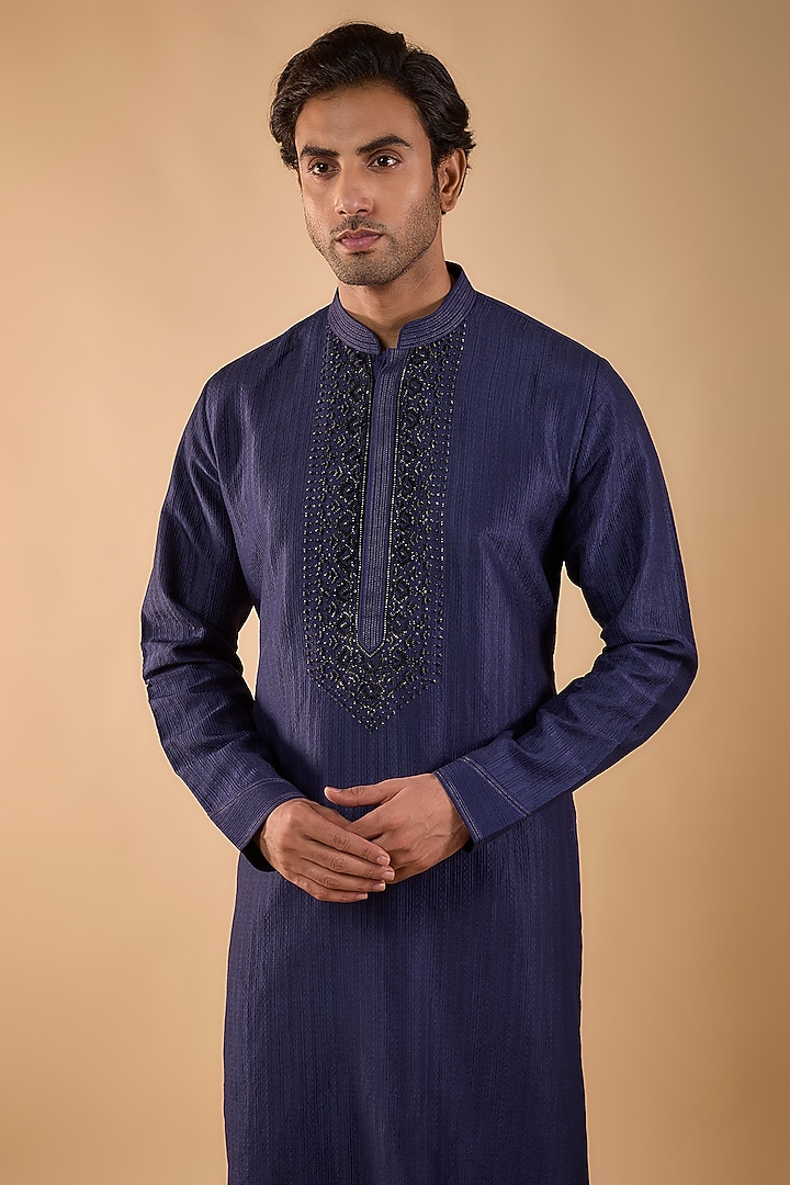 Blue Silk Kurta Set by Vanshik at Pernia's Pop Up Shop