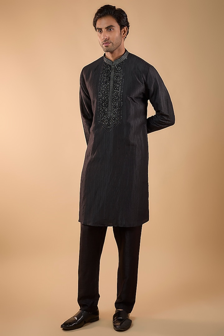 Black Silk Kurta Set by Vanshik at Pernia's Pop Up Shop