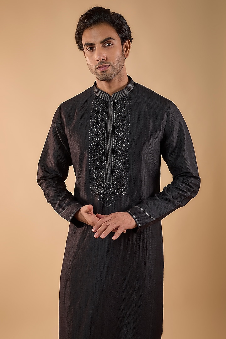 Black Silk Kurta Set by Vanshik at Pernia's Pop Up Shop