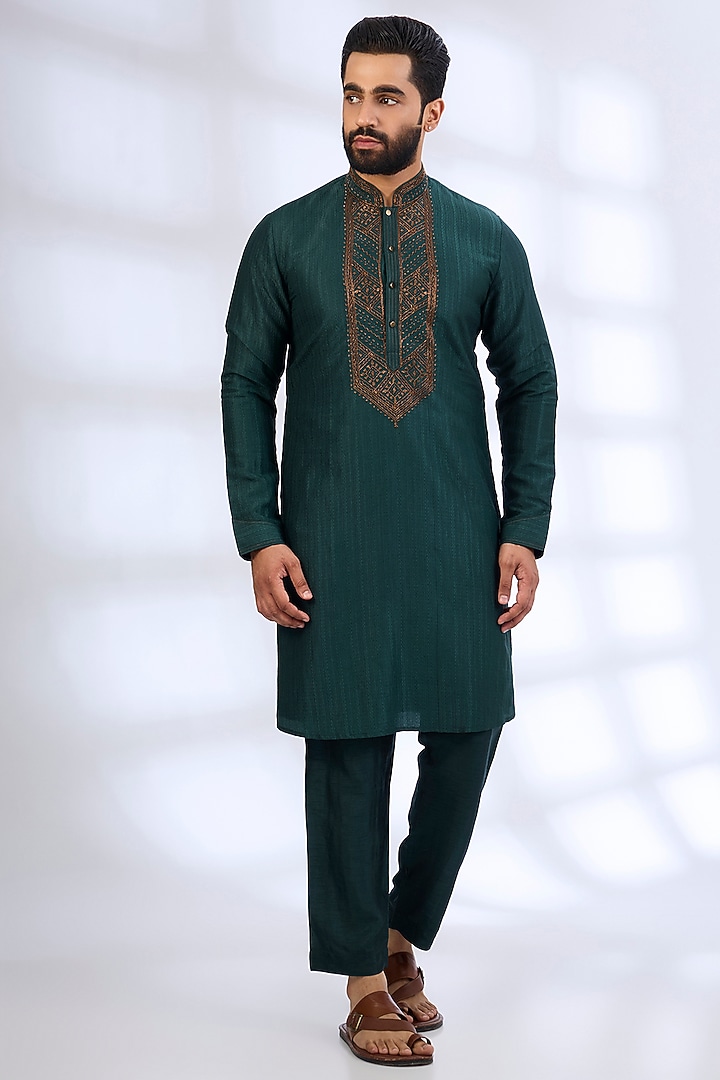 Jade Green Silk Kurta Set by Vanshik at Pernia's Pop Up Shop