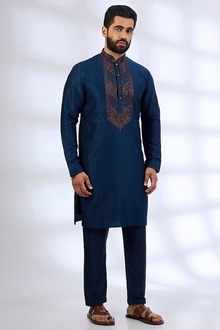 Teal Silk Kurta Set by Vanshik at Pernia's Pop Up Shop