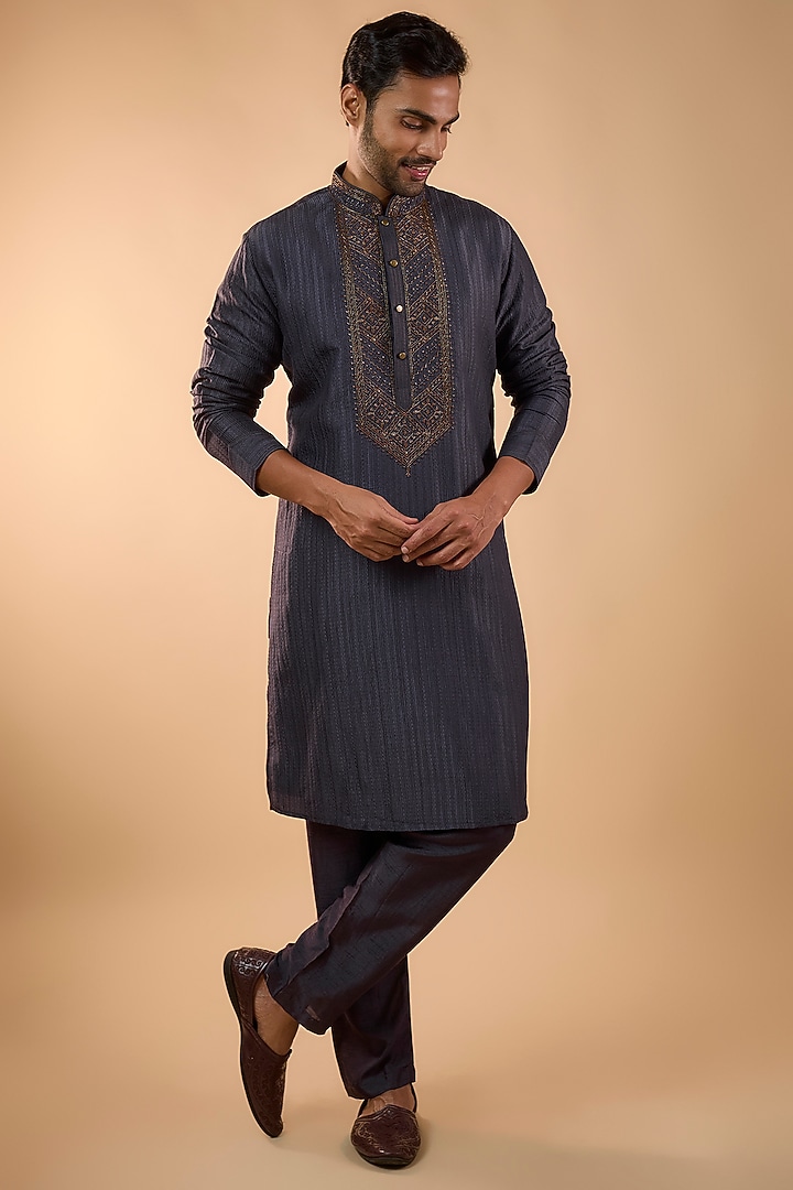 Grey Silk Kurta Set by Vanshik at Pernia's Pop Up Shop