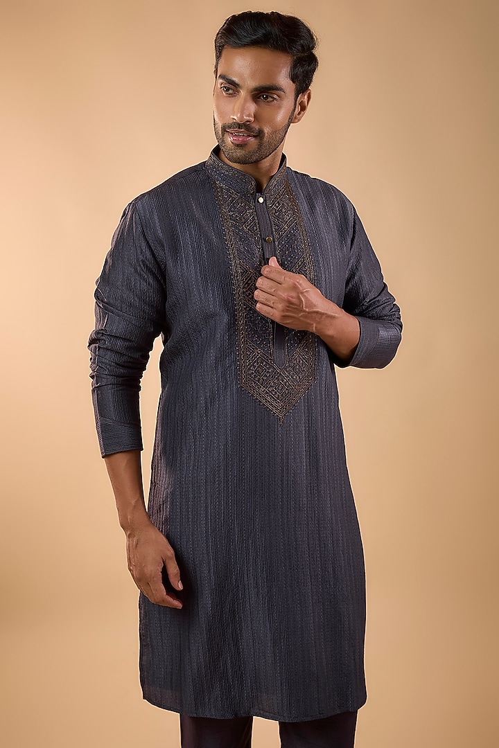 Grey Silk Kurta Set by Vanshik at Pernia's Pop Up Shop