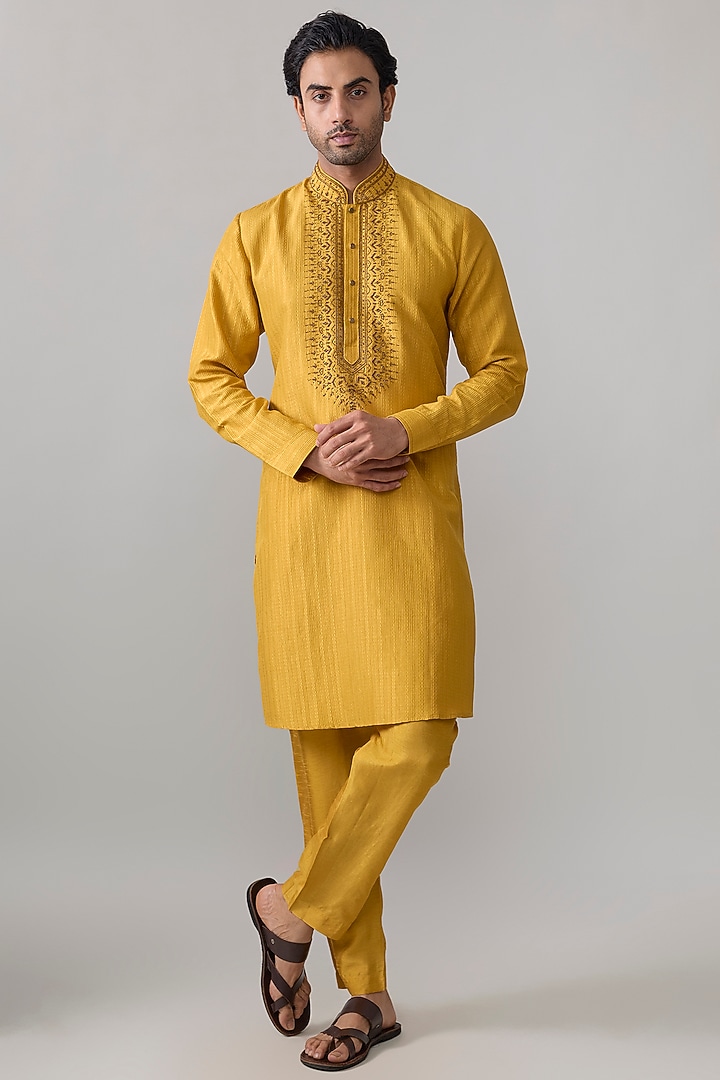 Yellow Silk Kurta Set by Vanshik at Pernia's Pop Up Shop