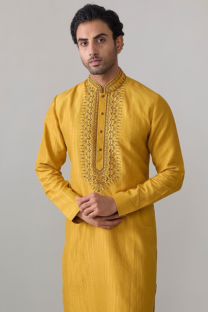 Yellow Silk Kurta Set by Vanshik at Pernia's Pop Up Shop