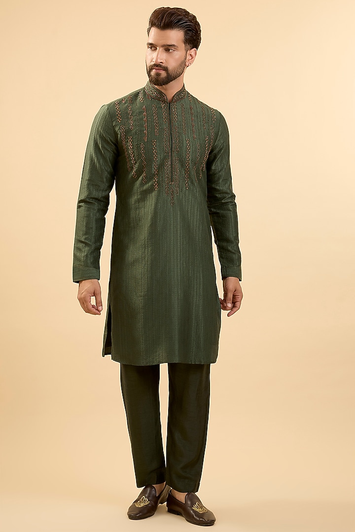 Olive Silk Kurta Set by Vanshik at Pernia's Pop Up Shop