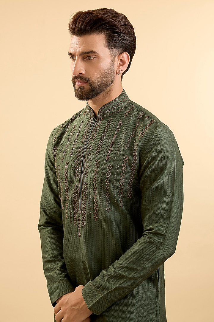 Olive Silk Kurta Set by Vanshik at Pernia's Pop Up Shop