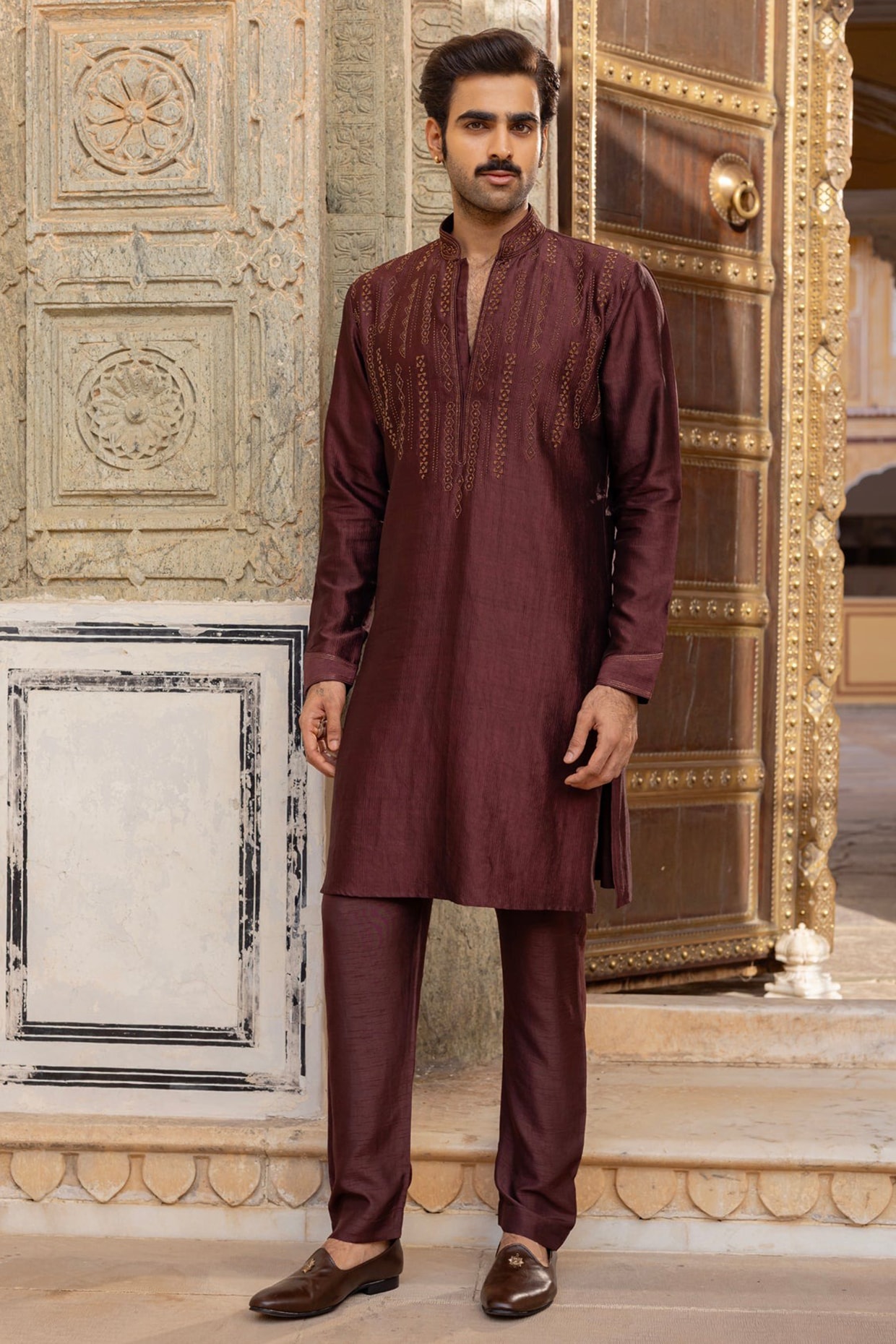 Vanshik Brown Jamevar Silk Kurta Set