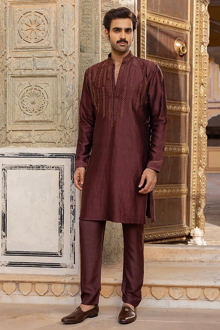 Brown Jamevar Silk Kurta Set by Vanshik at Pernia's Pop Up Shop