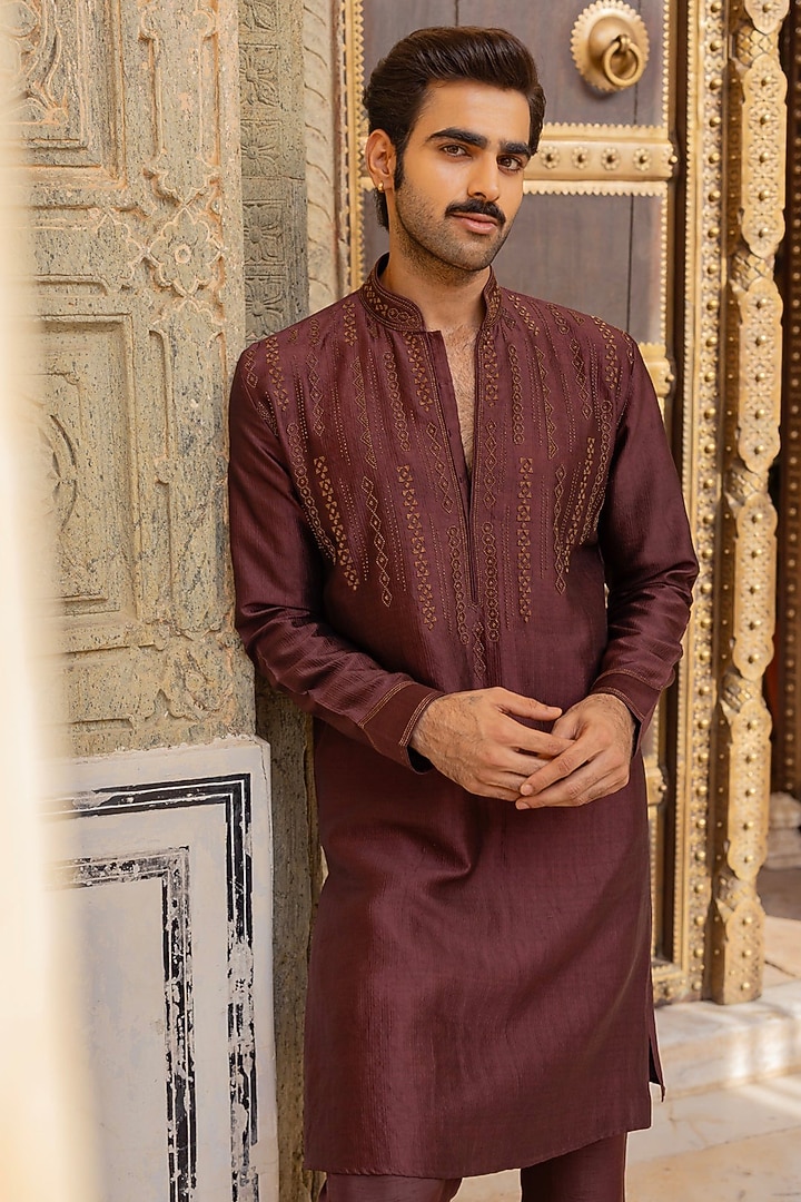 Brown Jamevar Silk Kurta Set by Vanshik at Pernia's Pop Up Shop