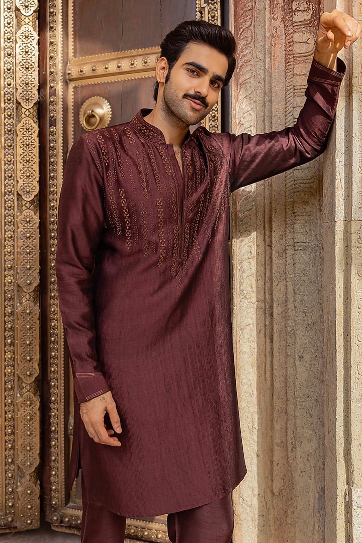 Brown Jamevar Silk Kurta Set by Vanshik at Pernia's Pop Up Shop