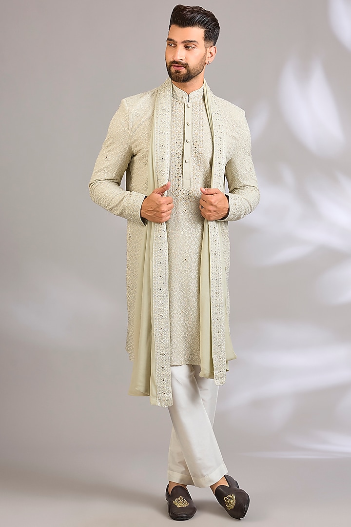 Mint Silk Kurta Set by Vanshik at Pernia's Pop Up Shop