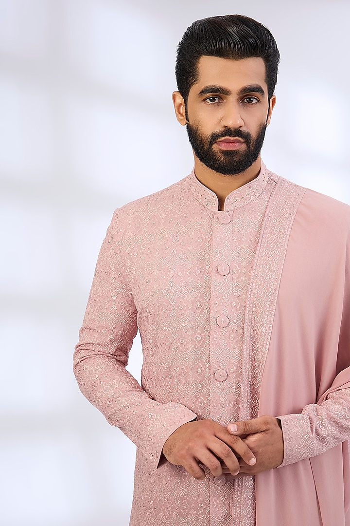 Rose-Colored Silk Kurta Set by Vanshik at Pernia's Pop Up Shop