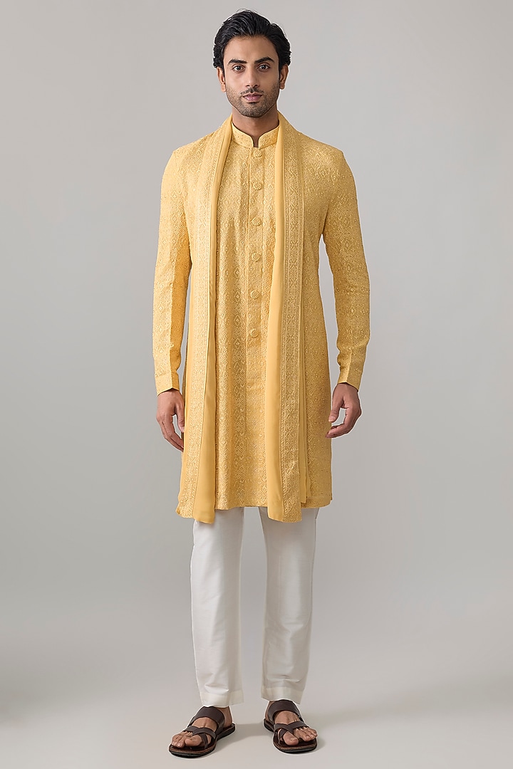 Mustard Silk Kurta Set by Vanshik at Pernia's Pop Up Shop