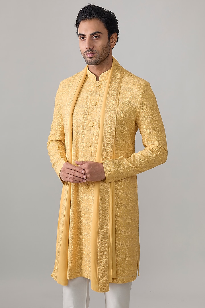Mustard Silk Kurta Set by Vanshik at Pernia's Pop Up Shop