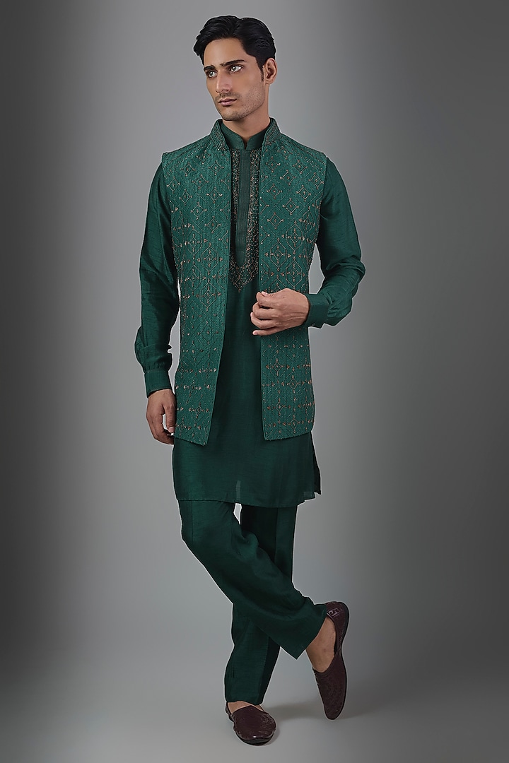 Green Silk Groom Indowestern Set by Vanshik at Pernia's Pop Up Shop