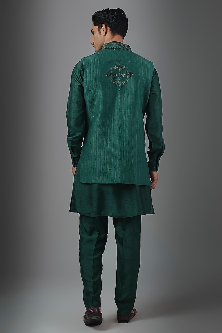 Green Silk Groom Indowestern Set by Vanshik at Pernia's Pop Up Shop