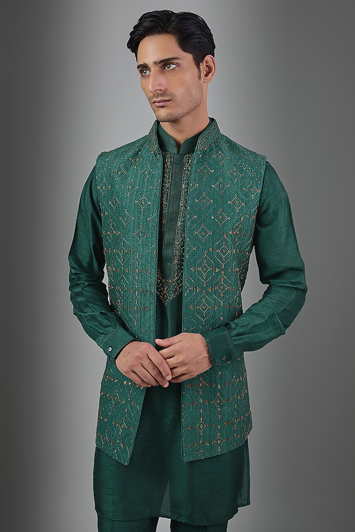 Green Silk Groom Indowestern Set by Vanshik at Pernia's Pop Up Shop