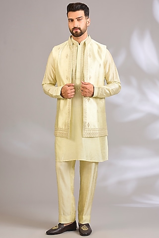 Mint Silk Bundi Jacket Set by Vanshik