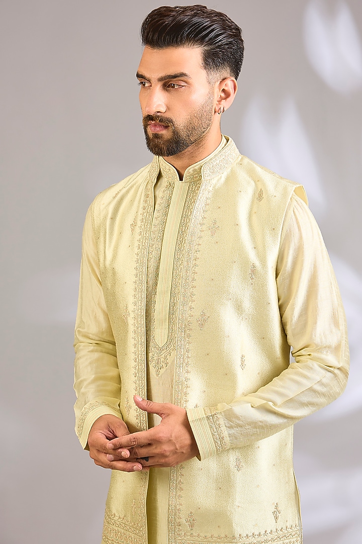Mint Silk Bundi Jacket Set by Vanshik at Pernia's Pop Up Shop