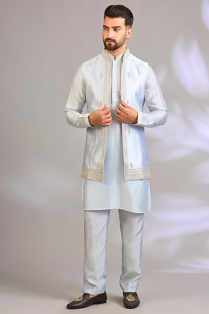Aqua Silk Bundi Jacket Set by Vanshik at Pernia's Pop Up Shop