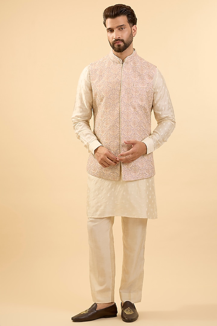 Pearl-Colored Silk Bundi Jacket Set by Vanshik at Pernia's Pop Up Shop
