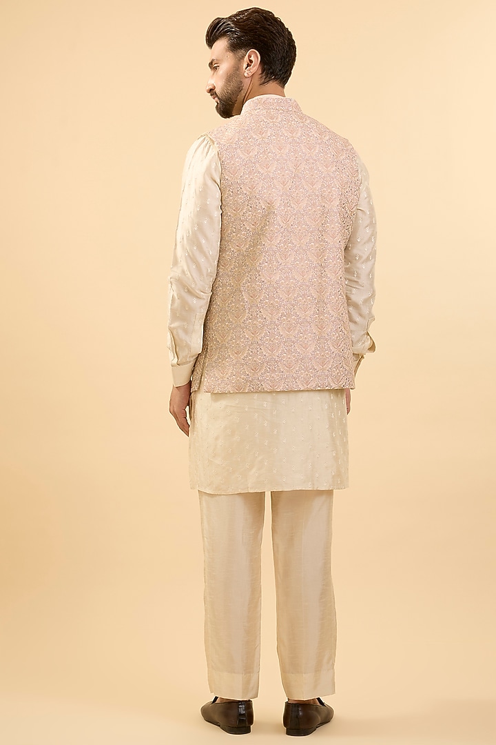 Pearl-Colored Silk Bundi Jacket Set by Vanshik at Pernia's Pop Up Shop