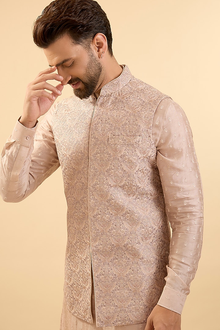 Blush Silk Bundi Jacket Set by Vanshik at Pernia's Pop Up Shop