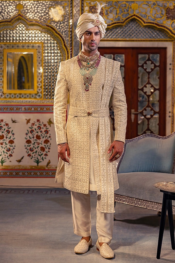 Pearl Ivory Raw Silk Groom Sherwani Set by Vanshik at Pernia's Pop Up Shop