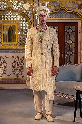 Pearl Ivory Raw Silk Sherwani Set by Vanshik